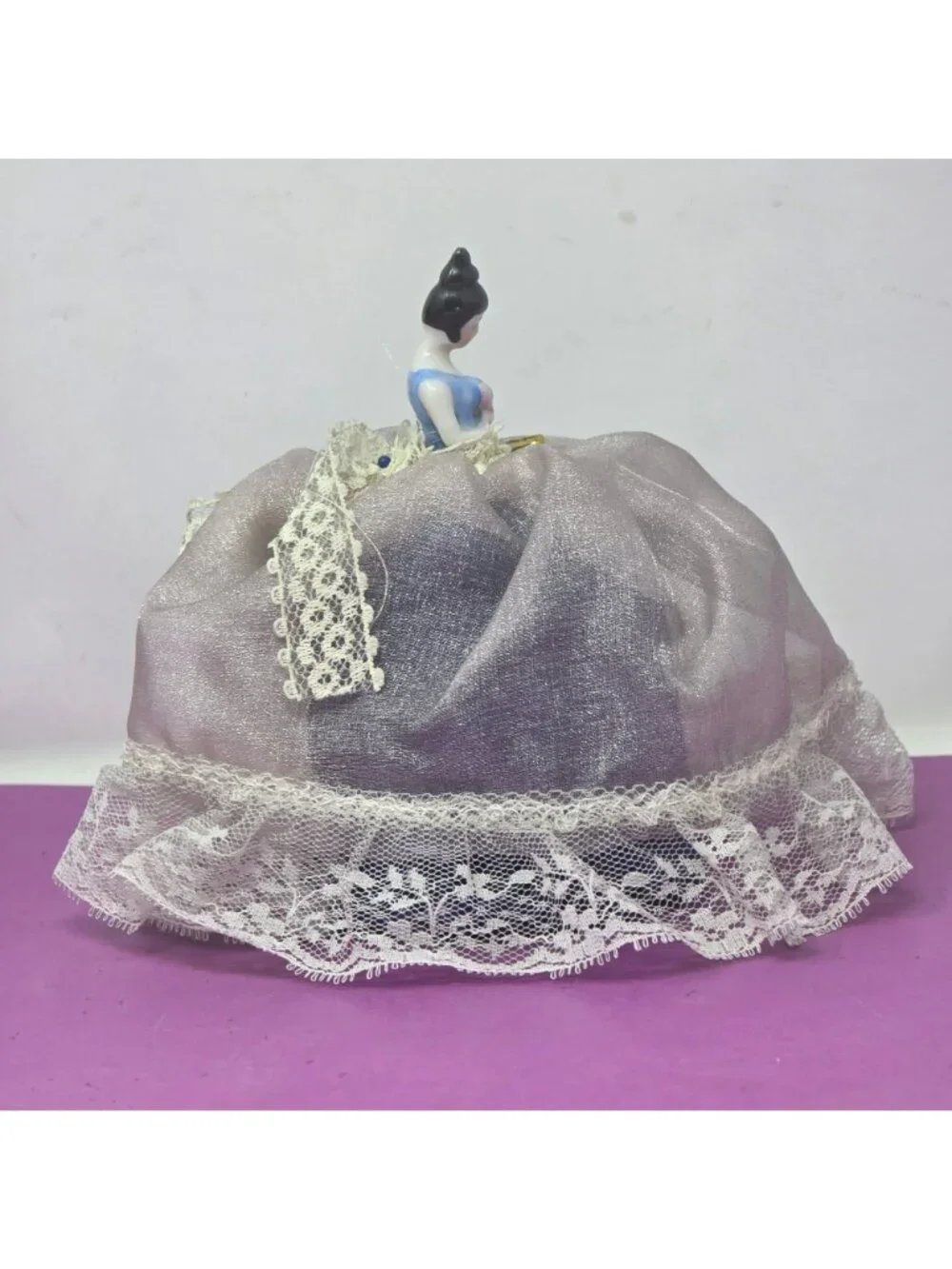 Antique Style Porcelain Half Doll Pin Cushion Lace Skirt Sewing Figurine
